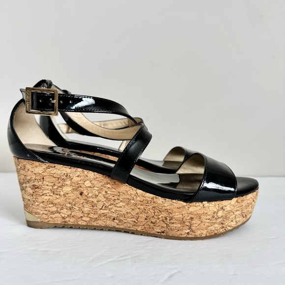 Jimmy Choo Portia 70 Black Patent Leather Wedge Sandals Size 36.5 - Picture 4 of 16
